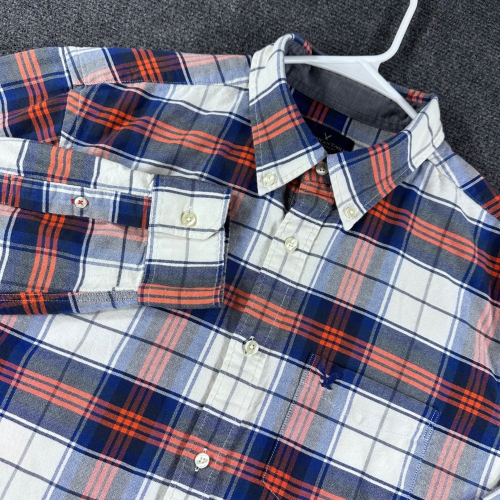 American Eagle Button Down Mens L Large Blue Orange Plaid Classic Fit Shirt